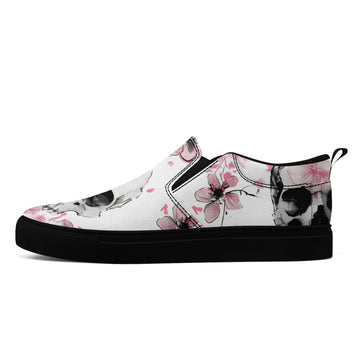 Cherry Blossom Skull Slip-On Shoes | White Floral Gothic Print Canvas Sneakers | FN071-25023025-8