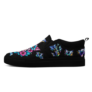 Sugar Skull Floral Butterfly Slip-On Shoes | Floral Gothic Calavera Sneakers