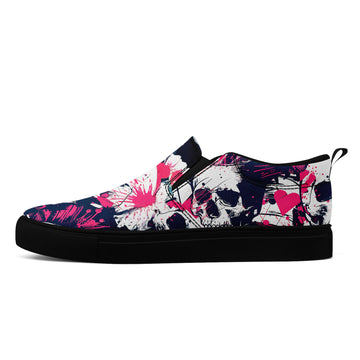 Floral Skull Slip-On Shoes | Pink & White Grunge Skull Art Canvas Sneakers