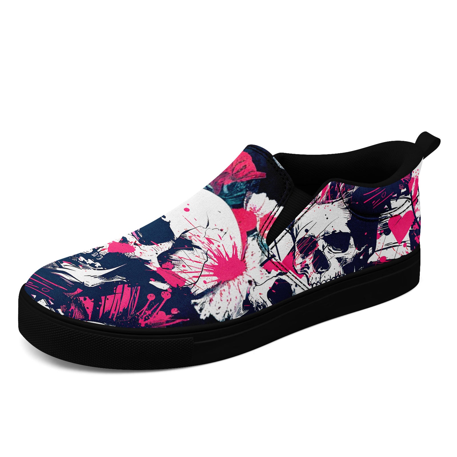 Floral Skull Slip-On Shoes | Pink & White Grunge Skull Art  display picture 1