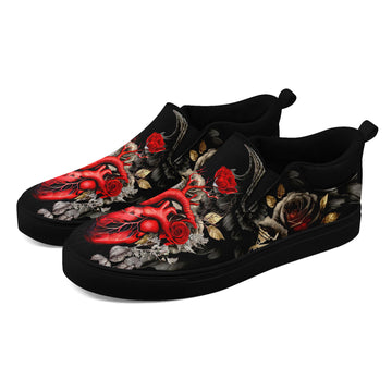 Heart Rose Floral Slip-On Shoes | Gothic Art Floral Canvas Sneakers | Wedding, Birthday, Valentine, Halloween Gift
