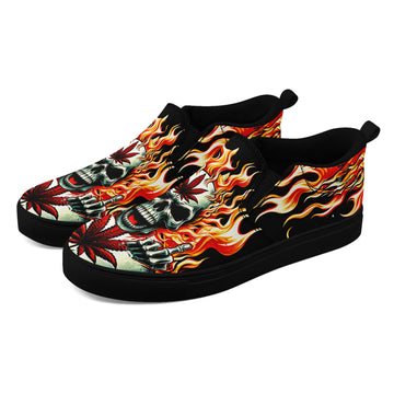 Flaming Skull Weed Leaf Slip-On Shoes | Cannabis Fire Skull Gothic Print Sneakers| FN071-25023025-6
