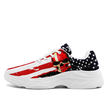 Toponepod Patriotic American Flag Custom Chunky Running Shoes for Men & Women | Personalized USA Flag Red White Blue Grunge Style Skull Sneakers | FN020-23023001