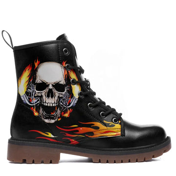 Custom Black Skull Combat Boots | Punk Rock Fire Graphic Skull Print Boots | 058-2302001