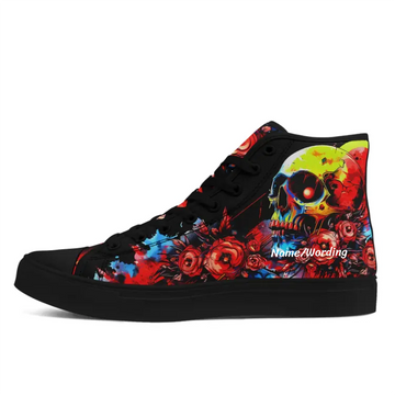 Custom High Top Skull Rose Sneakers | Color Splash Gothic Floral Art Canvas Shoes | Birthday, Halloween Gift | Personalized Name, Logo