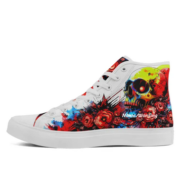 Psychedelic Skull Rose High Top Sneakers | Personalized White Canvas Shoes with Neon Skull & Splatter Floral Art | FN-024-24023086