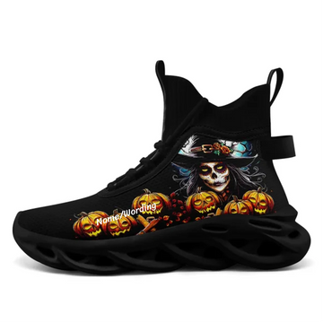 Personalized Witch & Pumpkins Halloween Sneakers | Custom Black High Top Sports Shoes with Skull Witch and Jack-O¡¯-Lantern Art | FN029A-24023019