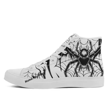Personalized Black Spider Web High Top Sneakers | Custom White Gothic Canvas Shoes with Creepy Arachnid Art For Men & Women | FN024-24023183