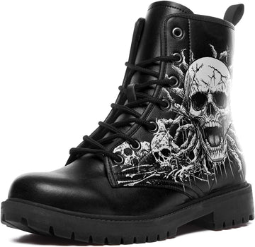 Skull Combat Boots for Men & Women Slip-Resistant Gothic Punk Style Cool Chunky Black Boots Vegan Leather Work Ankle Booties