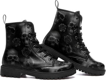 Womens & Mens Gothic Combat Boots | Punk Rock Vegan Leather Ankle Booties Anti-Slip Skull & Roses Black Platform Work Boots