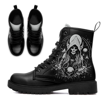 Gothic Grim Reaper & Moon Combat Boots - Occult Skeleton Tarot Shoes BOOTS-25025054-1