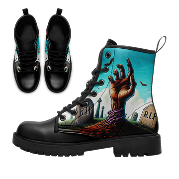 Zombie Hand Rising from Grave Combat Boots - R.I.P. Tombstone Blue Sky Shoes BOOTS-24025002-9