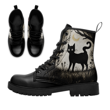 Silhouette Black Cat & Moon Storybook Combat Boots - Whimsical Shadow Art Shoes BOOTS-25023135-8