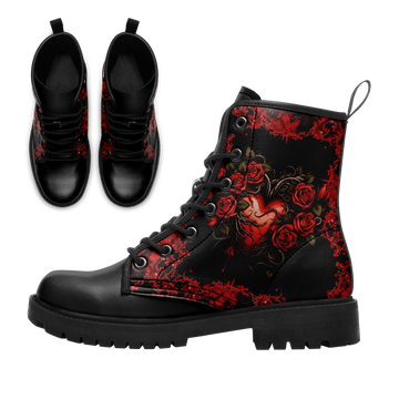 Gothic Red Roses & Thorns Heart Combat Boots - Dark Romance Grunge Footwear BOOTS-24025002-10