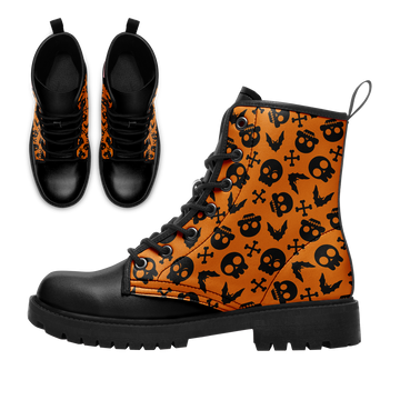 Halloween Skulls & Bats Pattern Combat Boots - Orange Spooky Icon Shoes BOOTS-24025002-3