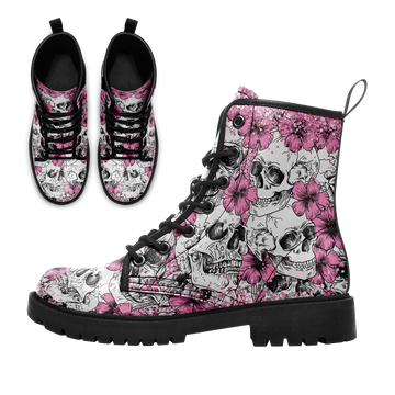 White Floral Skull Combat Boots - Pink Hibiscus Skeleton Shoes BOOTS-24025002-9