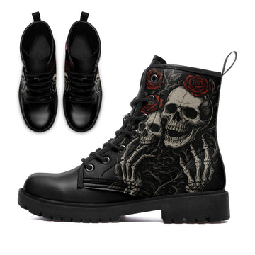 Gothic Skull & Red Rose Combat Boots - Skeleton Hand Tattoo Art Shoes BOOTS-25025054-4
