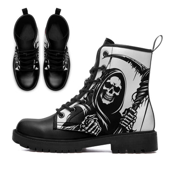 White Grim Reaper with Scythe Combat Boots - Black Ink Skeleton Death Shoes BOOTS-25025054-2