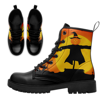 Halloween Scarecrow & Full Moon Combat Boots - Pumpkin Head Graveyard Shoes BOOTS-24025002-6