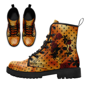 Floral Skull & Red Roses Combat Boots - Orange Gothic Tattoo Art Shoes BOOTS-24025002-4