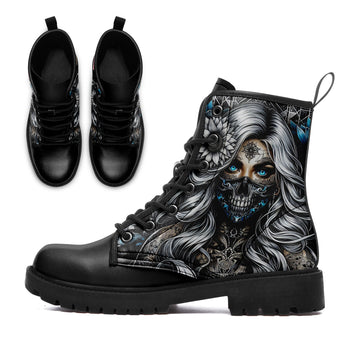 Chicano Tattoo Girl Skull Mask Combat Boots - Blue Eyes Silver Hair Art Shoes BOOTS-25025054-9