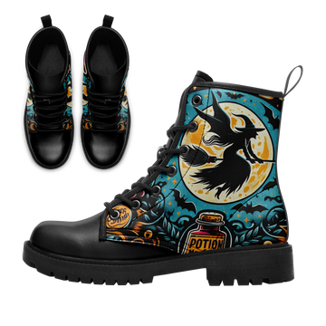 Witch Flying on Broomstick & Magic Potion Boots - Teal Moon Graphic Shoes BOOTS-24025002-10