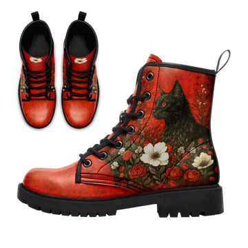 Crimson Red Black Cat & Floral Combat Boots - Vintage Botanical Art Shoes BOOTS-25023135-6