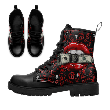 Money Lips & Red Baroque Skulls Combat Boots - 100 Dollar Bill Mouth Shoes BOOTS-24025002-8