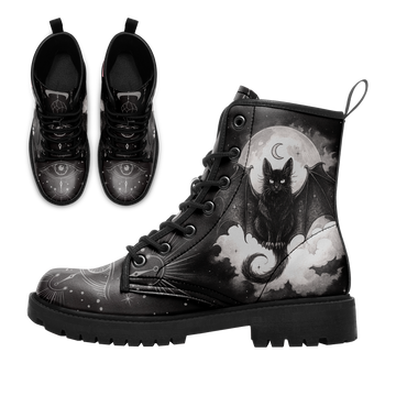 Gothic Bat Winged Black Cat & Moon Combat Boots - Mystic Eye Occult Shoes BOOTS-25023135-3
