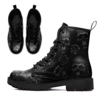 Black on Black Skull & Rose Combat Boots - Dark Shadow Gothic Floral Shoes BOOTS-25025054-8
