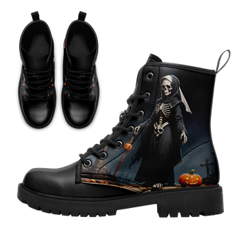 Gothic Grim Reaper & Pumpkin Combat Boots - Spooky Skeleton Halloween Footwear BOOTS-24025002-5