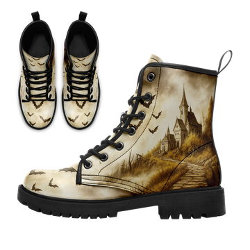 Vintage Haunted Castle & Bats Combat Boots - Sepia Gothic Horror Shoes BOOTS-25023135-10