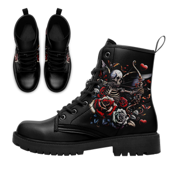 Skeleton Cupid & Roses Combat Boots - Gothic Love Archer Shoes BOOTS-24025002-1