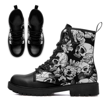 Black & White Skull & Rose Floral Combat Boots - Monochrome Gothic Pattern Shoes BOOTS-25025054-5