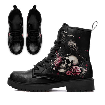 Gothic Raven & Skull Combat Boots - Crow on Rose Skeleton Shoes BOOTS-25025054-10