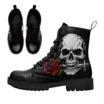 Skull Biting Dagger & Red Rose Combat Boots - Old School Tattoo Art Shoes BOOTS-25023165-1