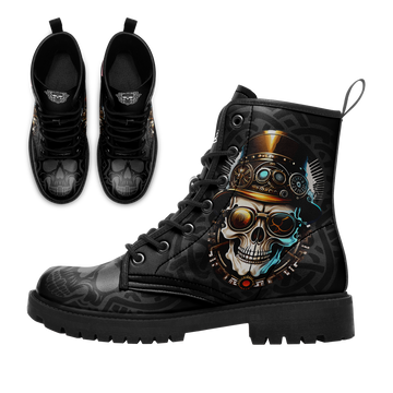 Steampunk Skull & Goggles Combat Boots - Industrial Gear Top Hat Footwear BOOTS-24025002-7
