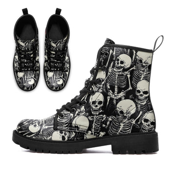 Black & White Skeleton Pile Combat Boots - All-Over Skull Pattern Footwear BOOTS-25025054-3