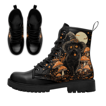 Halloween Black Cat & Witch Hat Combat Boots - Orange Mushroom Autumn Shoes BOOTS-25023135-5