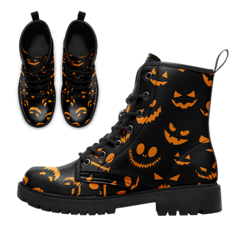 Jack-o'-Lantern Faces Pattern Combat Boots - Classic Halloween Print Shoes BOOTS-24025002-7