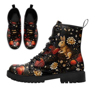 Dark Cottagecore Rabbit & Red Mushroom Combat Boots - Floral Hare Woodland Shoes BOOTS-25023135-4