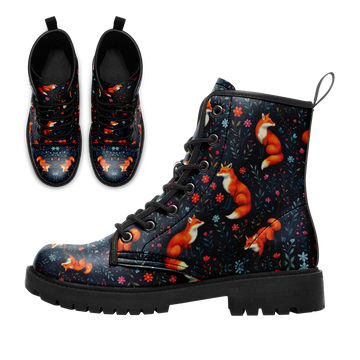 Whimsical Red Fox & Wildflower Combat Boots - Navy Blue Woodland Pattern BOOTS-25023135-1