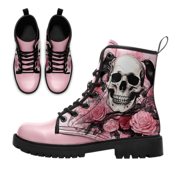 Pastel Pink Skull & Roses Combat Boots - Raven & Floral Goth Shoes BOOTS-24025002-8