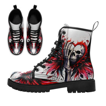 White Gothic Skull & Red Heart Combat Boots - Skeleton Hand Feather Art Shoes BOOTS-24025002-6