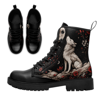 Howling White Wolf & Moon Floral Combat Boots - Wildlife Nature Art Shoes BOOTS-25023135-9