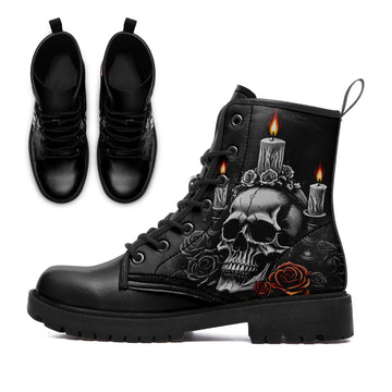 Gothic Skull & Melted Candle Wax Combat Boots - Occult Ritual Rose Shoes BOOTS-25025054-6