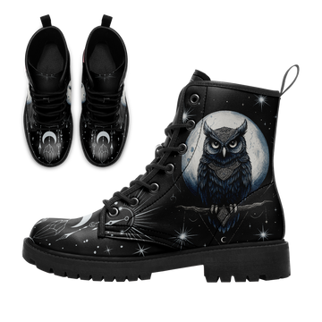 Mystic Owl & Full Moon Combat Boots - Midnight Blue Bird Shoes BOOTS-25023135-7