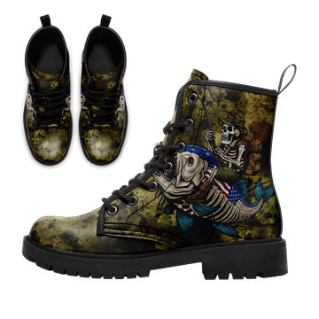 Skeleton Fisherman Riding Fish Combat Boots - Patriotic American Flag Angler Shoes BOOTS-24025002-2