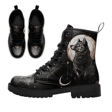 Celestial Wolf & Moon Phase Combat Boots - Mystic Eye Stars Shoes BOOTS-25023135-2