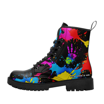 Neon Paint Splatter Combat Boots – Colorful Handprint Graffiti Lace-Up Ankle Boots - BOOTS-26025197-7